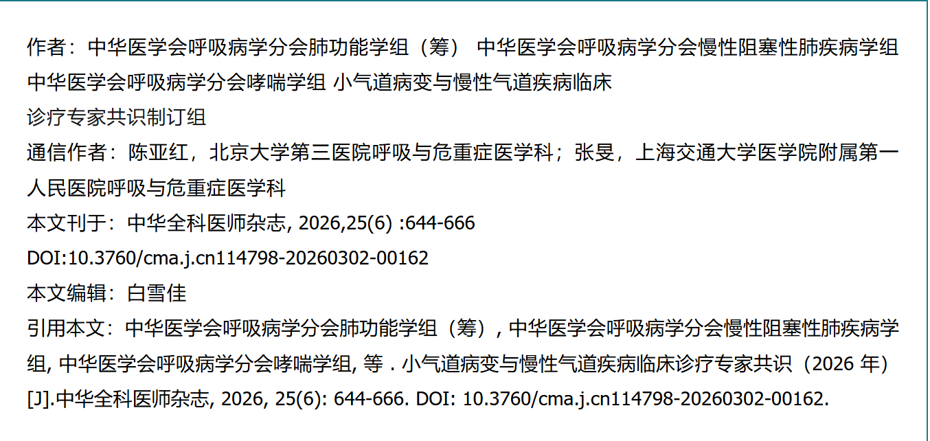 【指南·规范·共识】小气道病变与慢性气道疾病临床诊疗专家共识（2026年）